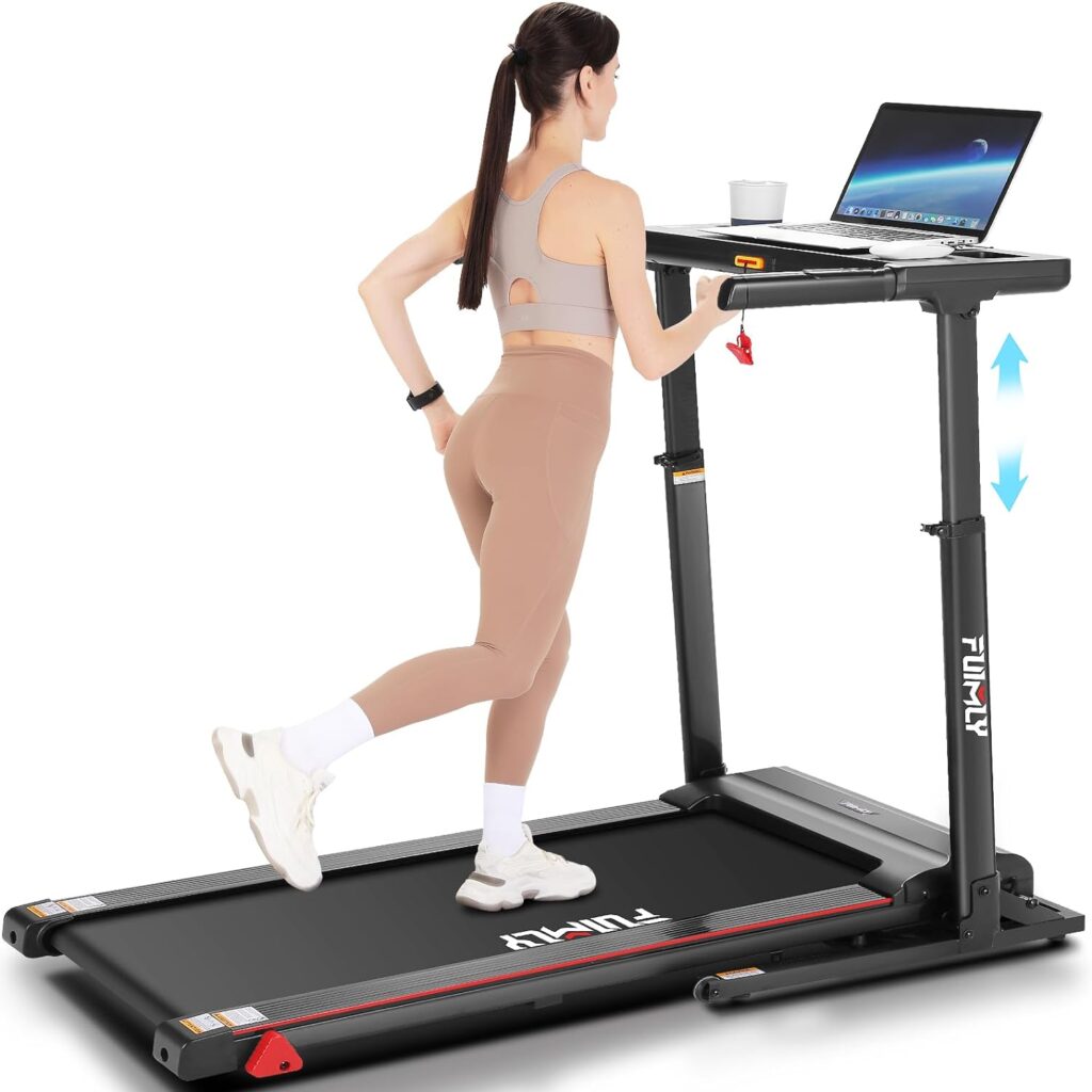 Treadmill with Desk Workstation  Adjustable Height, 300 LBS Weight Capacity, Folding Treadmill with Incline, Bluetooth Speaker  App, Portable Walking Pad Treadmill with Desktop for Home Office