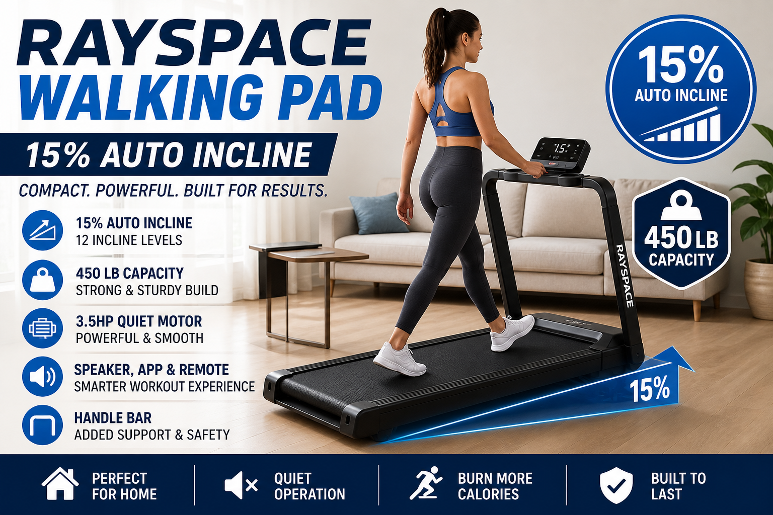 Rayspace Walking Pad Review: 15% Auto Incline Treadmill with 450 lb Capacity